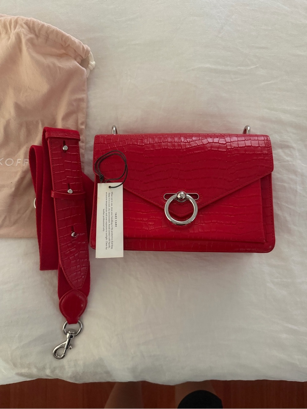 Rebecca Minkoff Red Croc-Embossed Crossbody with Silver Ring